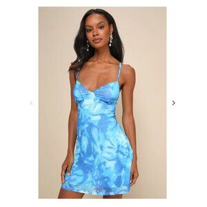 Lulus Ethereal Cutie Blue Floral Abstract Mesh Lace-up Mini Dress - Size M